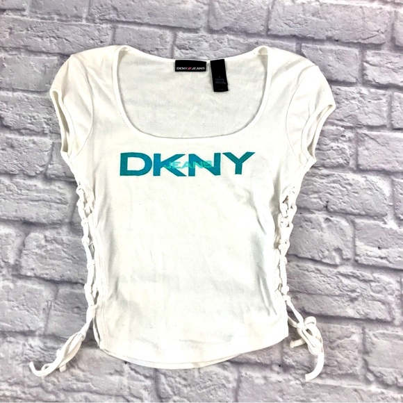 Vintage‎ DKNY Baby Tee Cotton Lattice Donna Karan New York Label Size Small - Picture 6 of 8
